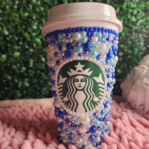 Blue and White pearl and rhinestone Starbucks hot cup